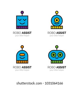 Robots funny mascots logo set. Cartoon robotic avatar heads collection