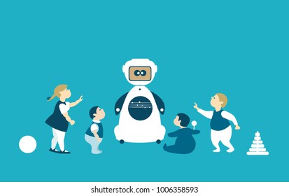 Robots are future babysitters and teachers. RPA, Robotic Process Automatisation concept.