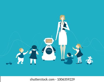 Robots are future babysitters and teachers. RPA, Robotic Process Automatisation concept.
