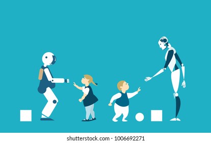 Robots are future babysitters and teachers. RPA, Robotic Process Automatisation concept.