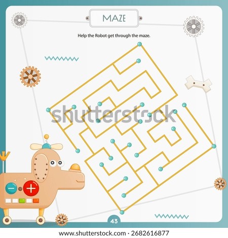 Robots game for children. Help funny Robot find correct path through Maze. Vector illustration. Labyrinth for kids activity book. Book square format.
