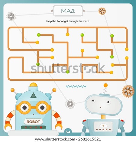 Robots game for children. Help Robot find correct path in Maze. Vector illustration. Labyrinth for kids activity book. Book square format.