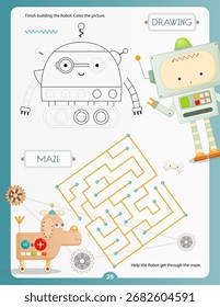 Robots game for children. Maze, Draw Robot. Vector illustration. Labyrinth for kids activity book. Book letter size format.