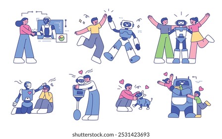 Robots are getting closer to people. Robots are helping people by becoming friends and family. outline simple vector illustration.