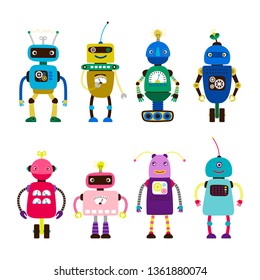 Robots For Girls And Boys Vector Isolated On White Background. Robot Girl Toy, Character Robo Boy Electronic Illustration
