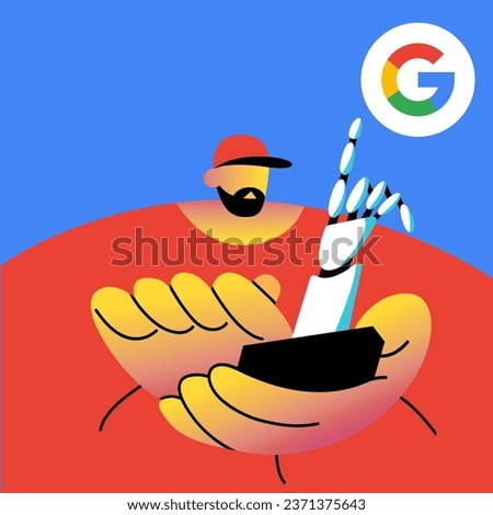Robot's hand comes out of the phone and points to the Google logo. Search engines. Flat vector illustration..