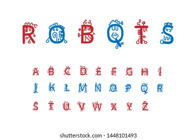 Robots hand drawn vector font with eyes instruments wheels red blue white