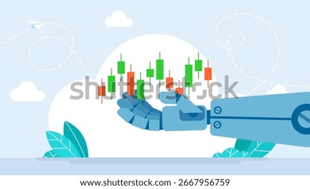Robot's hand holding upon green and red candlestick chart.  AI helps trader to analyze data on securities trading stock exchange market. Robot for automation trade on fund market.Vector illustration.
