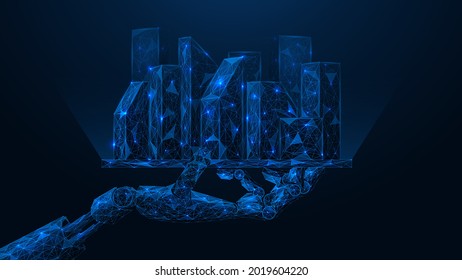 The robot's hand holds a tablet with a hologram of a smart city. Polygonal construction of lines and points. Blue background.