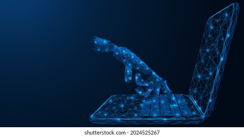 La mano del robot presiona el botón del portátil. Construcción poligonal de líneas y puntos. Fondo azul.