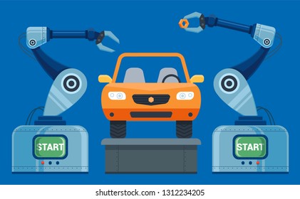 robots hands collect on the conveyor car. vector illustration