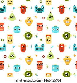 Robots head seamless pattern vector on white background with small elements colored for children; textile decor