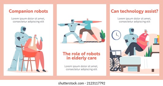 Los Robots Ayudan A Los Ancianos A Hacer Carteles. Tecnología futurista para adultos mayores. Camina en bicicleta con anciano en silla de ruedas, trae pastillas y mide la presión sanguínea a los mayores. Carteles de vectores