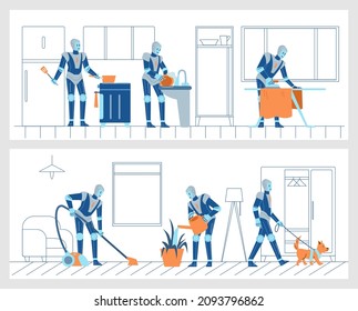 Robots help with housework, futuristic technologies cook, wash dishes, vacuum clean - flat vector illustration. Cartoon robotic characters in daily routine. Artificial intelligence work on household.