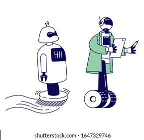 Robots Help Human in Life Working in Office, Chatbot Assistance, Answering Questions Online, Ai Artificial Intelligence. Futuristic Technologies, Automation. Cartoon Flat Vector Illustration, Line Art
