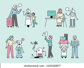 Robots Helping Human Life
 flat design style minimal vector illustration.