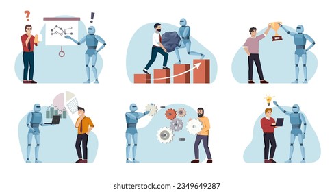 robots helping humans. supplementary labor force, support staff, concept cartoon illustration, UI working with people in office. vector cartoon characers set.