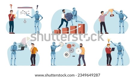 robots helping humans. supplementary labor force, support staff, concept cartoon illustration, UI working with people in office. vector cartoon characers set.