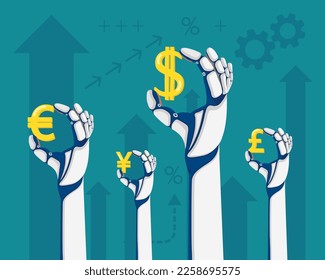 Robots hold dollar, euro, pound and yen currency signs in their hands. Trading artificial intelligence on the financial exchange. vector illustration