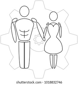 Robots holding hands whit gear wheel background. Vector