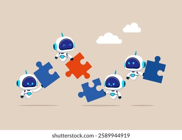 Robots holding jigsaw puzzle elements. cooperation. Teamwork and unity.  Modern vector illustration in flat style