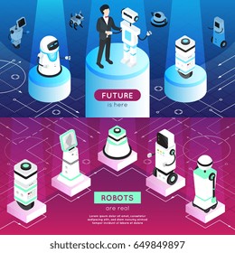Robots horizontal isometric banners with man, high tech machines on pedestals in light rays isolated vector illustration   