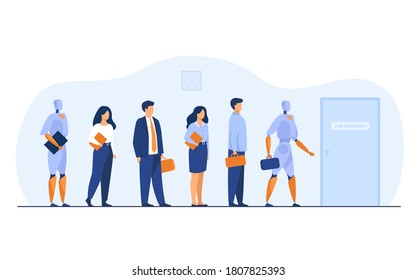 Robots and human candidates waiting in line for job interview. Businessmen and businesswomen competing with machines for hiring. Vector illustration for employment, business, recruitment concept