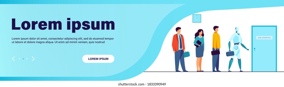 Robots and human candidates waiting in line for job interview. Businessmen and businesswomen competing with machines for hiring. Vector illustration for employment, business, recruitment concept