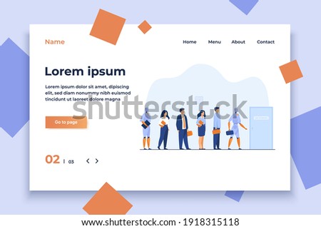 Robots and human candidates waiting in line for job interview. Businessmen and businesswomen competing with machines for hiring. Vector illustration for employment, business, recruitment concept