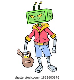 Roboter in menschlichen Kleidung laufen mit Lebensmitteln, Doodle ziehen kawaii. Vektorgrafik-Kunst