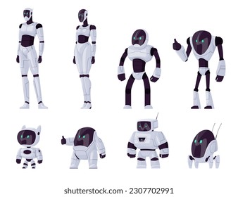 Robots and humanoid androids. Modern technologies with artificial intelligence. Process automation. Vector illustration