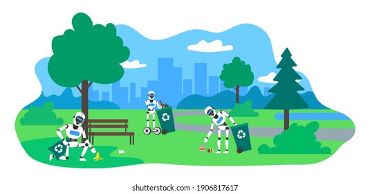 robots humanoid collecting waste and garbage in city park robotic technology vector illustration