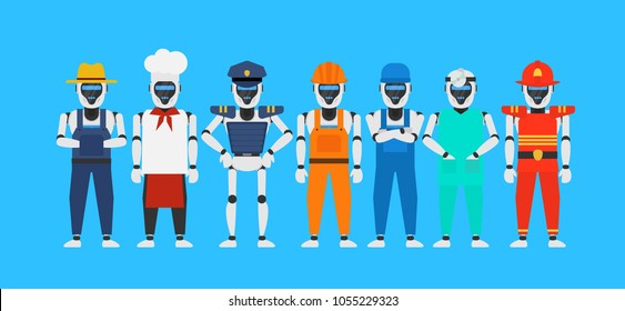 robots humanoid profession set.farmer chef policeman builder mechanic doctor fireman
