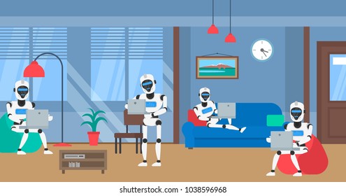 robots humanoid working with laplop in office