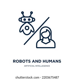 robots and humans icon from artificial intellegence and future technology collection. Thin linear robots and humans, robot, intelligence outline icon isolated on white background. Line vector robots 