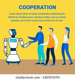 Robots, Humans Partnership Flat Banner Template. Futuristic Business Meeting. Robotic Museum Guide Greeting Guests Cartoon Characters. Cyber Host Inviting Visitors to Restaurant, Hotel