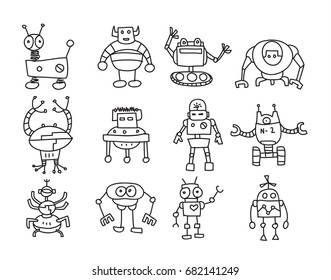 robots icon cute hand drawn vector set line art illustration