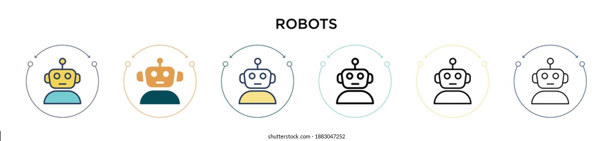 Robots icon in filled, thin line, outline and stroke style. Vector illustration of two colored and black robots vector icons designs can be used for mobile, ui, web
