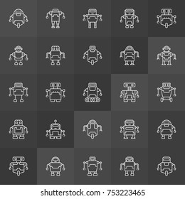 Robots icons collection. Vector outline robot signs or logo elements on dark background