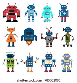 Robots icons composition in pixel art style