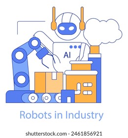 Robots in Industry concept. Advanced AI in manufacturing automation. Robotic arms handling tasks for increased efficiency and production. Vector illustration.