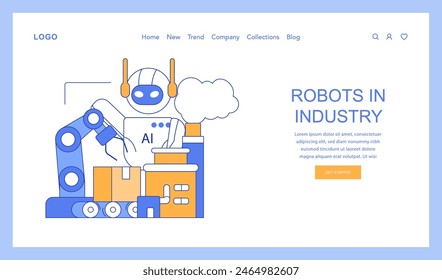 Robots in Industry concept. Advanced AI in manufacturing automation. Robotic arms handling tasks for increased efficiency and production. Vector illustration.