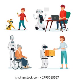 Robots interact with people in various situations. Vector intelligence helper and courier, pet dog computer illustration