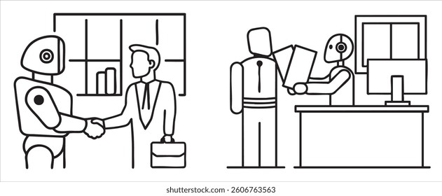 Robots interacting with humans in a business environment, showcasing technology's role in the workplace.