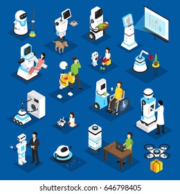 Robots isometric set with machine for business, housework, medicine, patient care on blue background isolated vector illustration