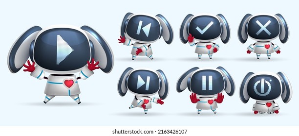 Robots kawaii character vector set. Robotic animal characters with button icon faces and gestures for and cute and friendly modern toys collection design. Vector illustration.
