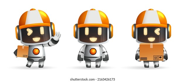 Robots kawaii character vector set. 3d robotic delivery characters standing and holding boxes with friendly facial expression for cute ai bot collection design. Vector illustration.
