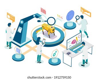 Robots laboratory research isometric flowchart, vector illustration. Scientists, engineers building, programming, testing robot dog intelligent machine. Artificial intelligence science.