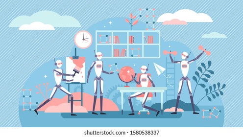 Robots learning vector illustration. AI cognition in flat tiny persons concept. Artificial intelligence development as self teaching and research activity. New cyborg brain generation for industry 4.0