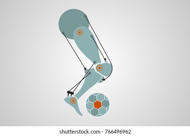 the robot's leg kicks a soccer ball